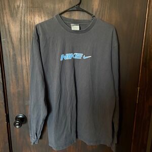 Nike Vintage Long Sleeve T-Shirt Charcoal Gray Blue Spellout Logo Mens Large